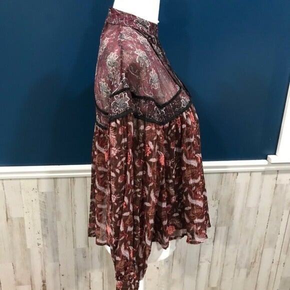 Zara Mock Neck Red Floral Sheer Top - Picture 4 of 8